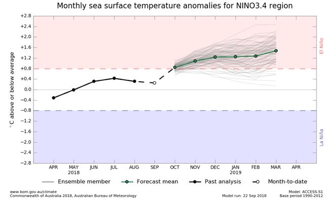 NINO3.4 SST plume graphs from ACCESS-S forecasts, updated daily