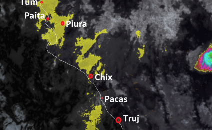 Imágenes Satelitales 10.45pm - Piura y Tumbes con condiciones de lluvia